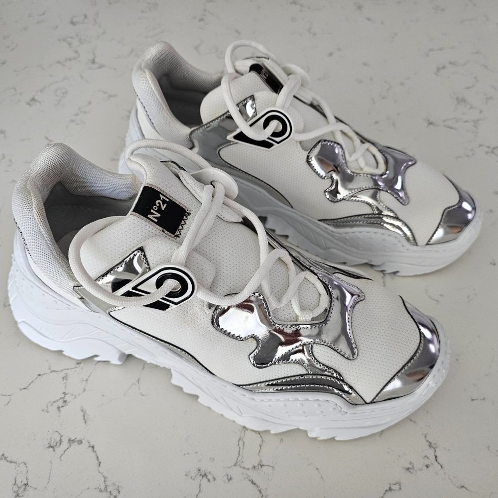 No. 21 Billy White Mesh & Metallic Leather Chunky Men's Sneakers, Made In Italy